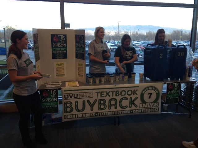 UVU Bookstore employees hand out hot chocolate and buyback information to students as a free warm treat to beat the Orem, Utah cold. Each cup had a sticker that included the buy's time, in an effort to raise awareness for when students can get the best value for their titles.