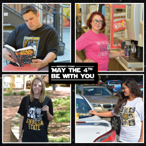 Student models showcase Star Wars themed Kennesaw State apparel and other merchandise that was available for sale 